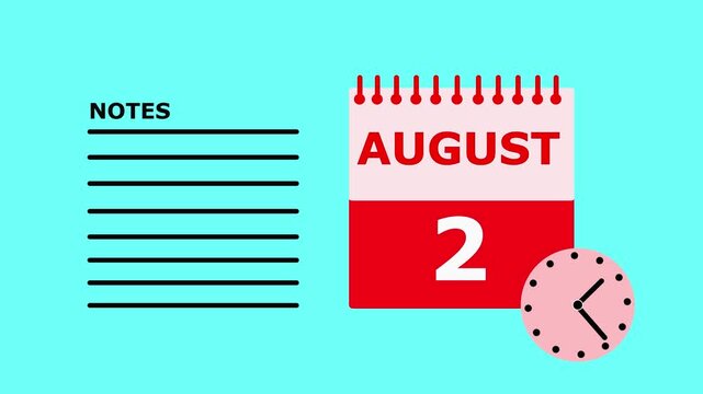 August 2nd Calendar Page with Notes Section on Teal Background date month.