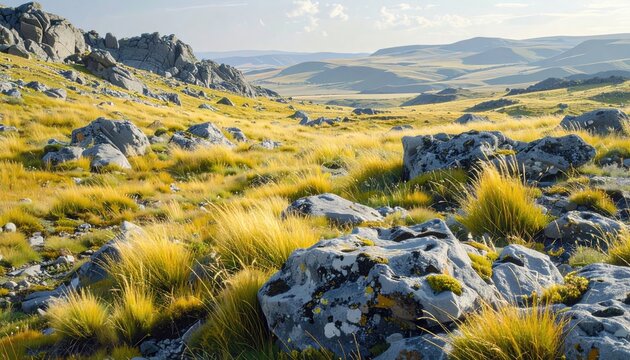 Golden grasses sway amongst rocky outcrops in a sun-drenched, rolling landscape