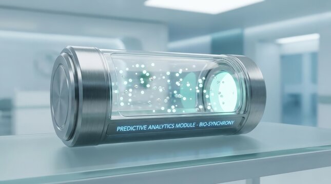 Futuristic predictive medicine module featuring floating luminous particles and advanced bio synchrony technology in a professional clinical laboratory setting, presented in high resolution widescreen