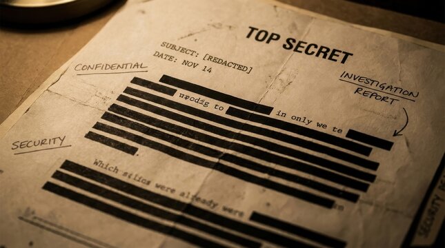 Classified document with redacted text lines for secret investigation reports and confidential privacy security. Censorship of