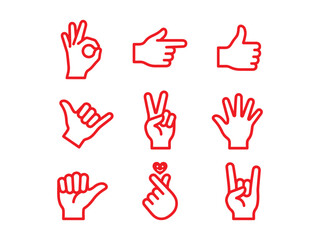 Obraz premium A clean, minimalist vector illustration featuring a grid of ten simple, outline-style hand gestures in a vibrant, solid red color