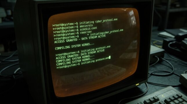 Computer terminal screen with green text interface for coding, command line hacking, and digital system programming. Monitor