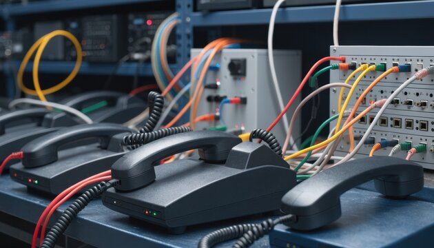 Closeup medium shot of multiple analog phones integrated into a multiline testing setup highlighting signal checks and connectivity in a technical workspace.
