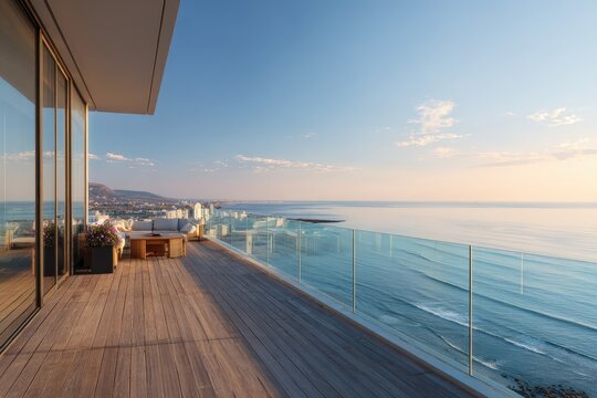 Ocean balcony at golden hour: outdoor deck with glass railing and expansive sea view