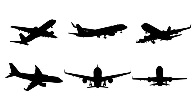 Six airplane silhouettes in various flight positions