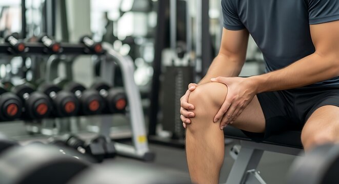 Closeup of a man holding his painful knee in a gym setting
