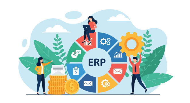Enterprise resource planning erp software integration for business management showing diverse team working with data analytics and financial optimization.