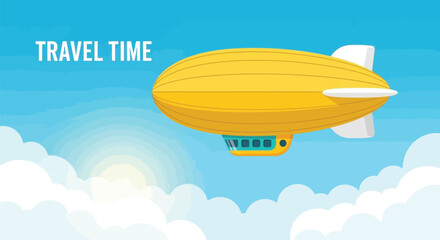 Travel time concept showing yellow airship dirigible flying over white clouds in sunny blue sky for luxury air transportation and tourism advertisement. © DHS
