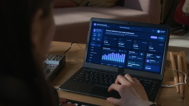 Over shoulder shot of female producer monitoring streaming analytics on music selling platform while using touchpad on laptop in home recording studio