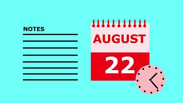 August 22nd calendar page with notes section on turquoise background date month.