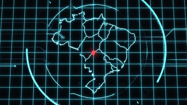 Static shot of digital map highlighting red location marker on brazil outline with radar sweep and grid interface for monitoring