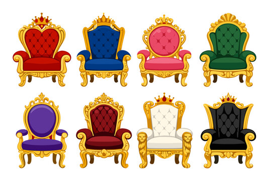 Various ornate royal thrones with gold trim and velvet upholstery in different colors, representing monarchy and luxury