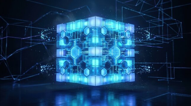 Modern glowing data cube abstract, 3d technology digital network, light blocks of cyber data, particles and geometry, futuristic