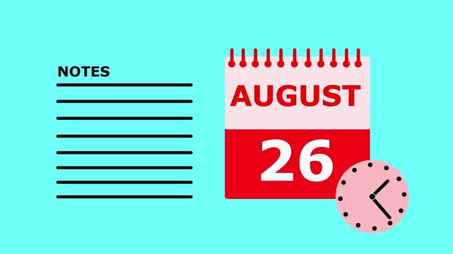 August 26 calendar page with notes section on teal background, daily planner, schedule, organization, reminder, to-do list, calendar date, month, daily routine.