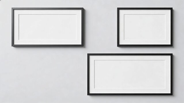 features a minimalist layout with three empty picture frames arranged against a plain, light gray background. The frames are simple and modern, with thin black borders and wide white mats. Two frames 