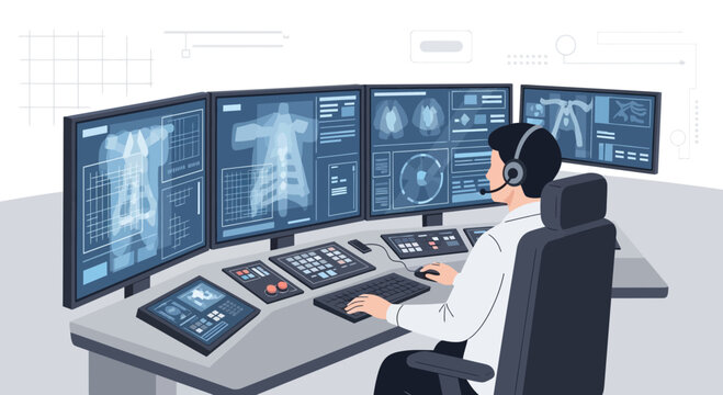 Radiologist analyzing medical scans on multiple monitors in a futuristic control room