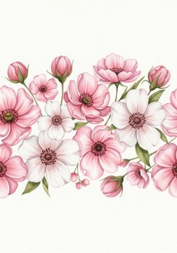 Zarte rosa Aquarellblumen mit Knospen und gr&uuml;nen Bl&auml;ttern auf wei&szlig;em Hintergrund, elegantes Design f&uuml;r Karten und Dekor. Generative KI