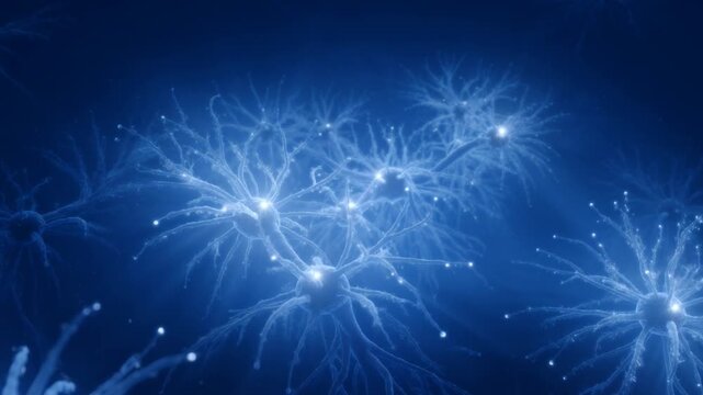 Abstract visualization of pulsing neural network with glowing synapses, representing intelligence, synaptic activity, biological communication, and memory formation