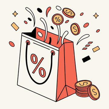 Percent sign shopping bag with floating currency.