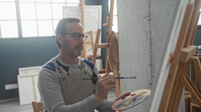 Man painter wearing apron and glasses holds palette in left hand and paints canvas with brush in studio; calm focus.