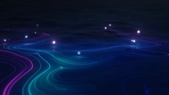 Glowing orbs float over dark rippling waves with neon topographic lines, representing connectivity, data flow, digital fluid dynamics, innovation, and abstract systems