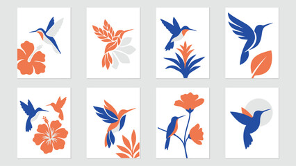 Collection of eight minimalist prints featuring hummingbirds and tropical flowers in blue, orange, and white color palette on a light gray background © Md