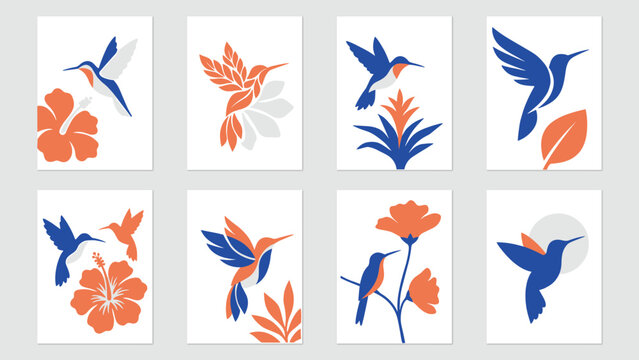Collection of eight minimalist prints featuring hummingbirds and tropical flowers in blue, orange, and white color palette on a light gray background