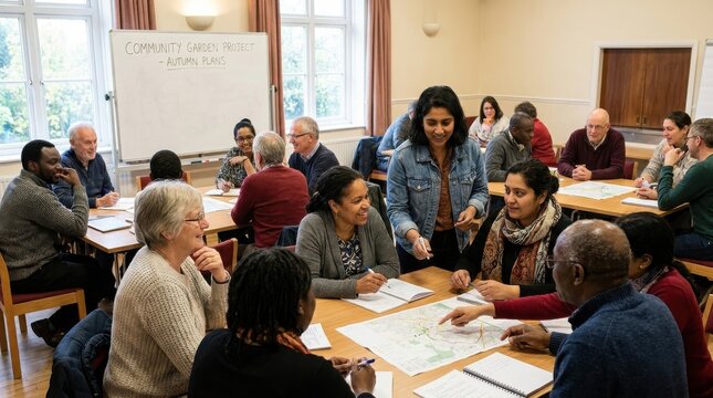 Diverse group of neighbors in community meeting planning together, teamwork discussion collaboration volunteers social charity,