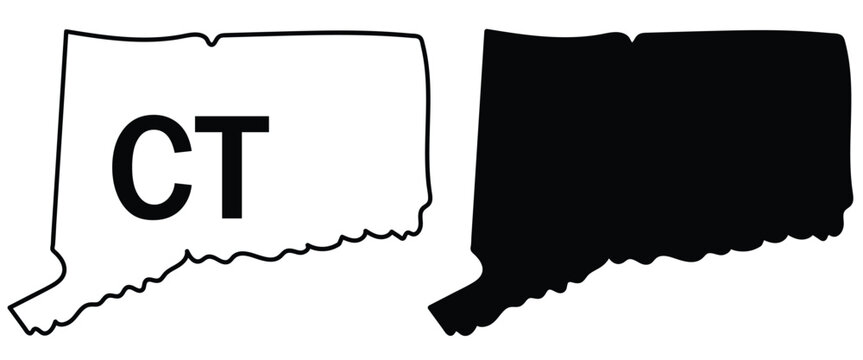 Connecticut state map outline and solid black silhouette vector set