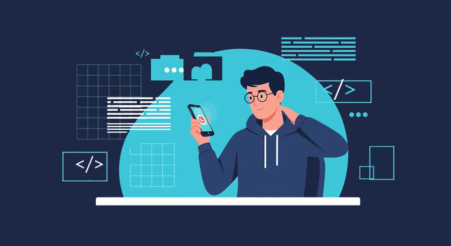 Programmer using smartphone with coding elements and data visualization