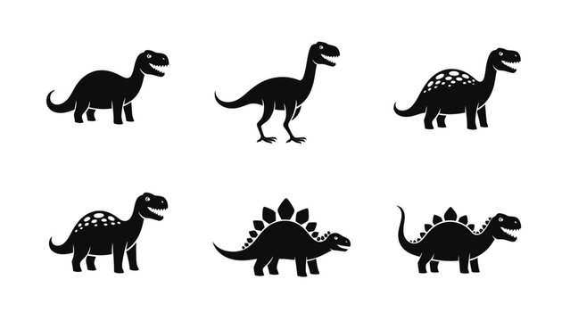 Silhouette dinosaurs vector set, isolated prehistoric extinct animals illustration in simple