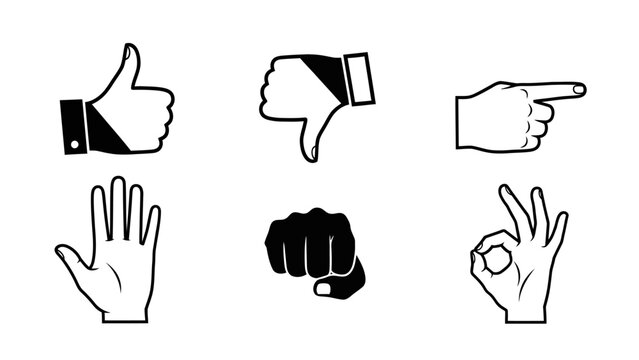 A Collection of Black and White Hand Gesture Icons Demonstrating Common Actions and Expressions