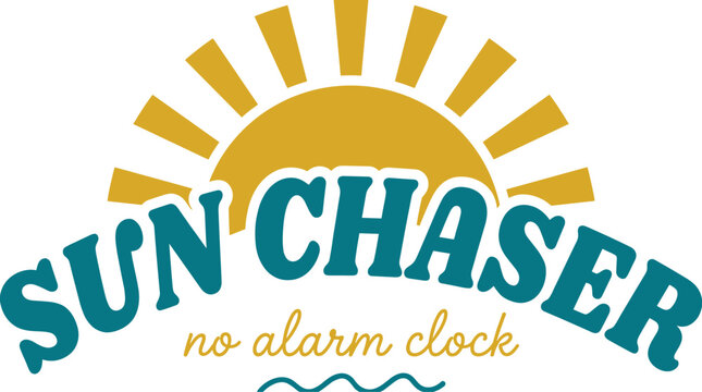 Sun chaser no alarm clock with yellow sun rays and teal text on a white background