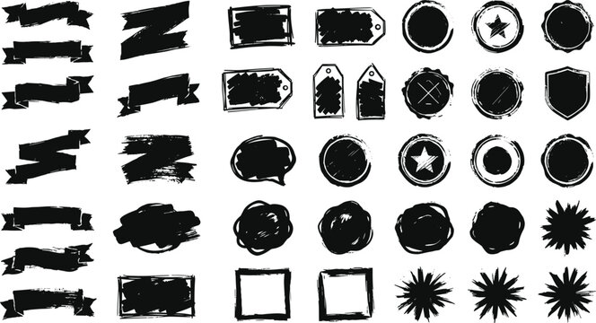 Collection of hand drawn grunge ink brush strokes, ribbons, banners, frames, and circular badges on a white background