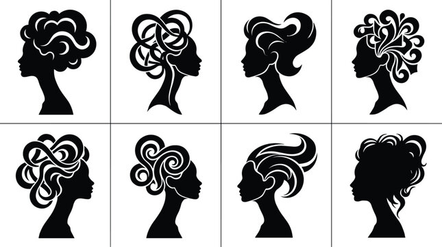 Set of eight silhouette profiles of women with elaborate curly and wavy hairstyles on a white background