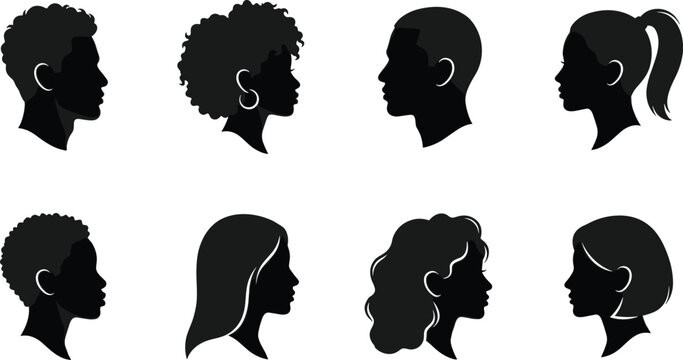 Set of eight diverse human head silhouettes in profile view featuring various hairstyles on a white background