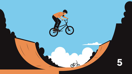 Fototapeta premium Stylized BMX Rider Performing a Jump on a Ramp with Clouds and Mountain Backdrop