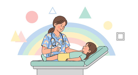 Obraz premium Pediatric Nurse Examines Young Girl with Ultrasound, Rainbow Background