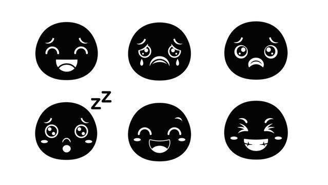 Collection of black and white emoji icons expressing different emotions concept for communication
