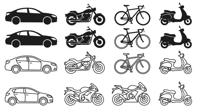 Cars motorcycles bicycles scooters icons.
