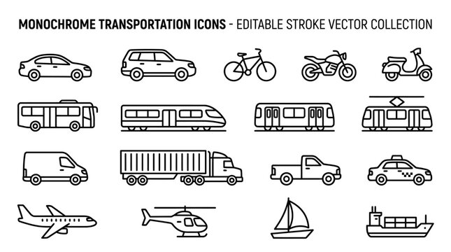 Monochrome Transportation Icons Vector Collection.