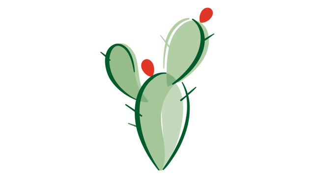 Vibrant green prickly pear cactus vector illustration featuring red tuna fruits and sharp spines, isolated on white background for desert landscaping, botanical art, and nature-themed design.