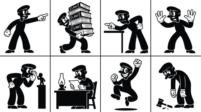 Set of eight black and white cartoon depicting a lawyer or judge in various legal scenarios including holding law books, pointing, reading, and looking sad with a broken gavel