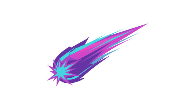 Vibrant colorful line vector illustration of a fast-moving comet or shooting star with a jagged tail in purple, pink, and cyan, isolated on white for space, astronomy, and cosmic design themes.