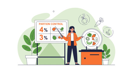 Fototapeta premium Nutritionist teaching portion control with healthy food and presentation board