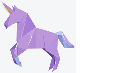 Obraz premium Clean geometric purple unicorn vector, crafted in an origami paper-fold aesthetic with a gold horn. A minimalist mythical beast icon suitable for fantasy branding and magical themes.