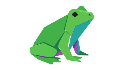 Naklejka premium Vibrant green and purple geometric frog icon with abstract decorative ornaments. This modern amphibian vector graphic is tailored for nature-inspired digital art and creative branding.