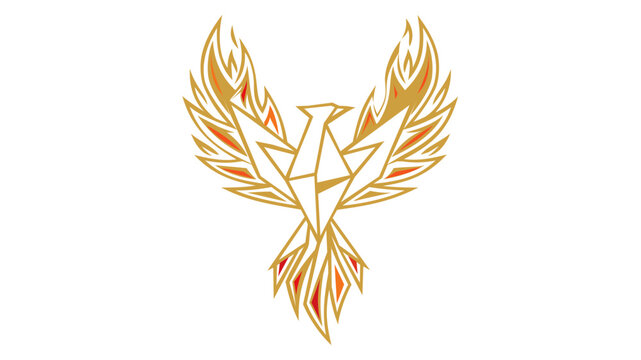 Elegant golden phoenix vector icon with geometric line art and fiery red accents, symbolizing rebirth and power. This modern mythical firebird illustration is isolated on a white background.