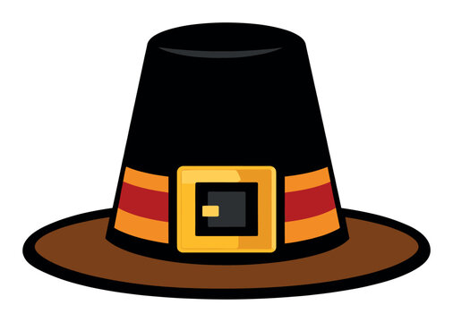 Pilgrim hat illustration with a golden buckle, symbolizing Thanksgiving tradition, early American colonial history, and autumn celebrations