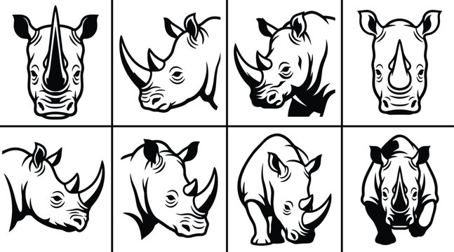 Set of eight black and white rhinoceros head featuring various angles and poses for wildlife projects